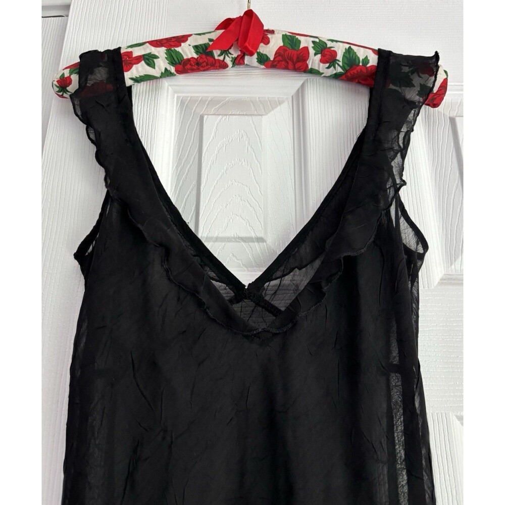 90s Y2K Crinkle Sheer Black Midi Slip Dress W/ Ruffle Fairy Whimsigoth Witchy - Picture 6 of 12